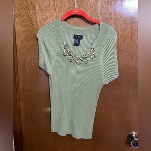 Sage green short sleeve top with decoration at neckline.  Size XL.